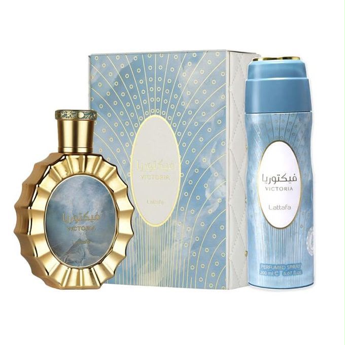 Kit Lattafa Victoria com Eau de Parfum e spray perfumado